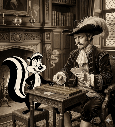 image of a Pepé Le Pew playing cribbage with sir John Suckling